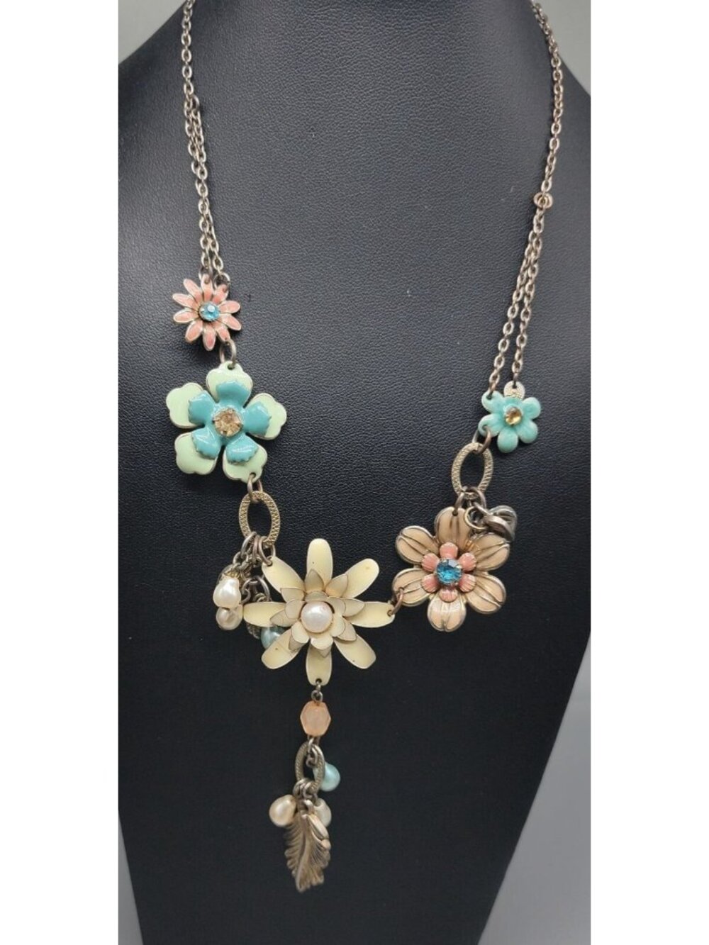 Vintage Plunder Dangling Flower Necklace Multicolor Rhinestones Silver Tone 20"